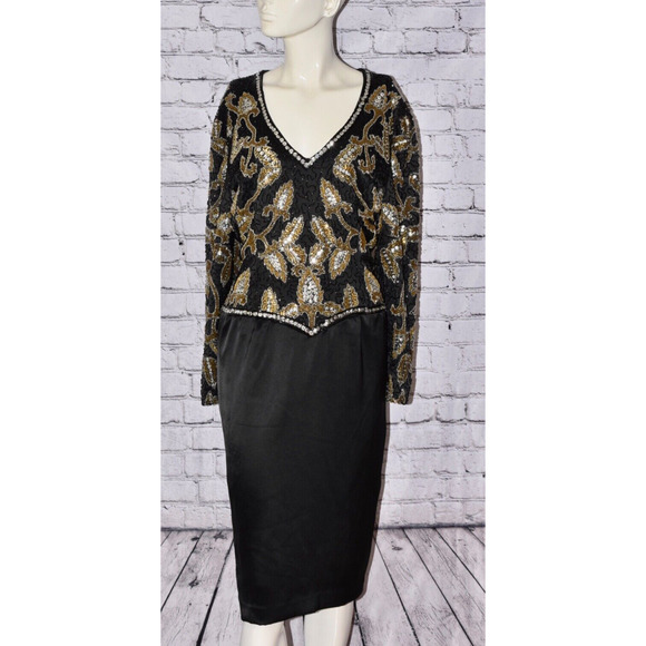 BLACK TIE He-ro Industries BEADED SEQUINED EVENING FORMAL Art Deco PARTY Dress - Picture 1 of 12